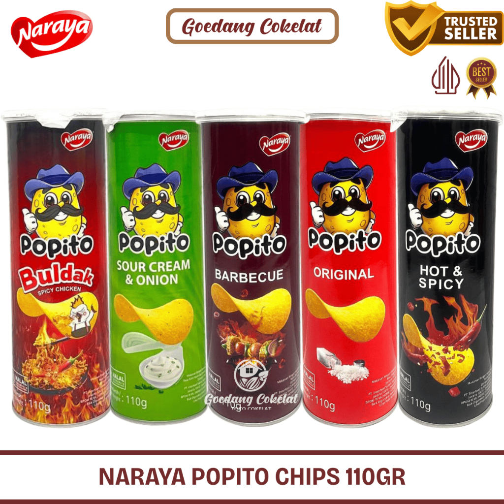 YUMMY! Naraya Popito Potato Chips Kaleng 110g Snack Kentang Rasa Original Sour Cream Onion Buldak