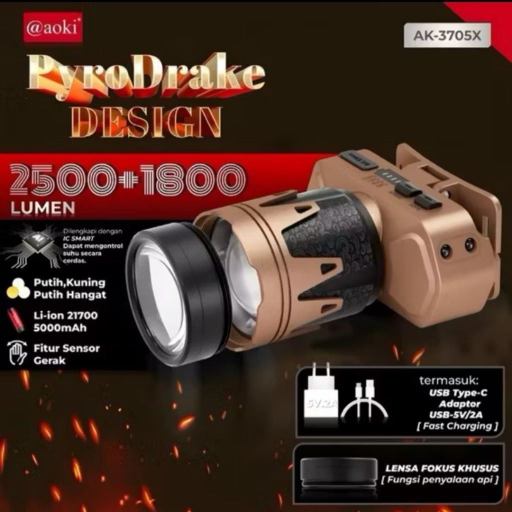 senter kepala Aoki pyrodrake 2 cahaya kuning & putih