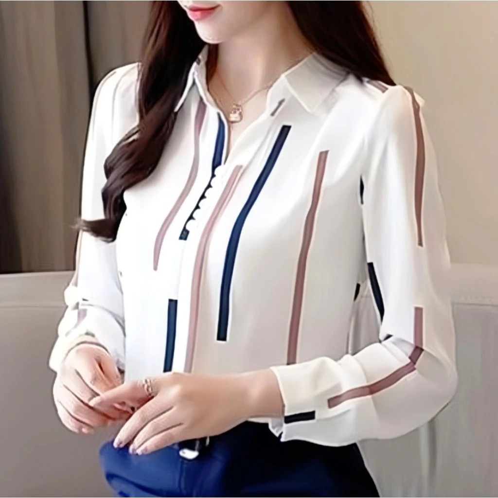 Blouse Kemeja Wanita Terbaru Kemeja Kantor Wanita Korean Style dengan Desain Garis Warna-warni