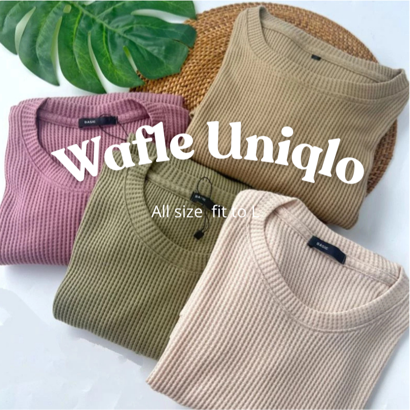 KAOS WAFFLE WAFER LENGAN PANJANG WANITA / BASIC CREWNECK POLOS SWEATSHIRT WAFFEL UNIQLO