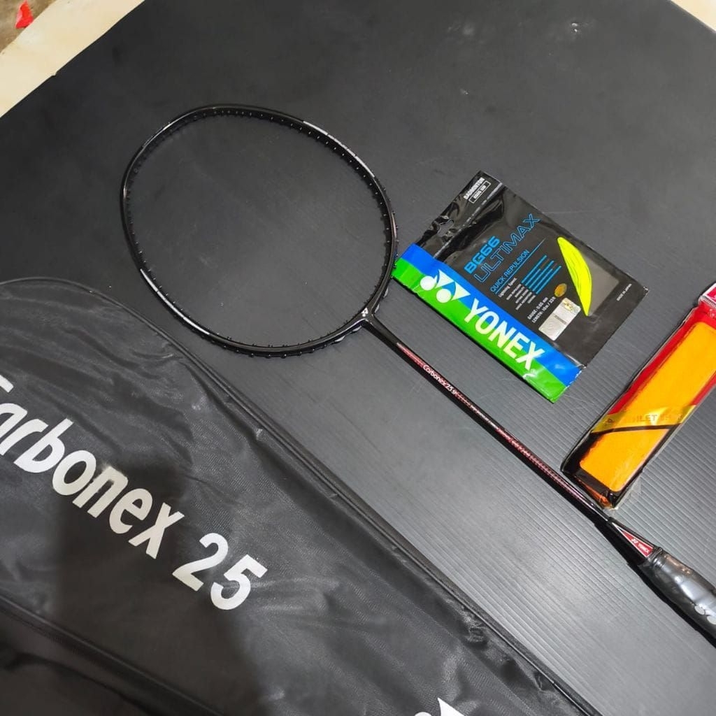 RAKET BADMINTON YONEX CARBONEX 25 SP TENSION 28 LBS PAKET LENGKAP SIAP PAKAI BONUS TAS DAN GRIFNYA