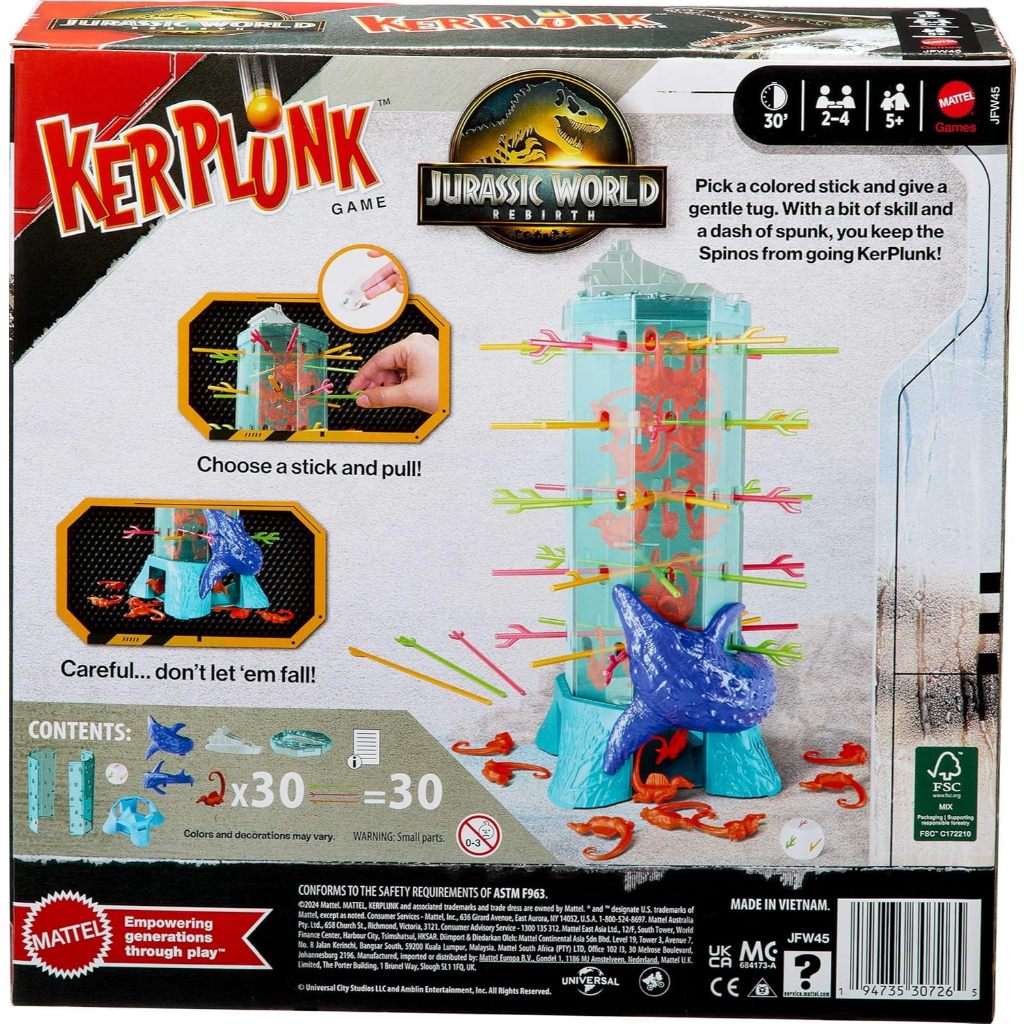 Mattel Games Kerplunk Jurassic World Rebirth Game for Kids & Family with Ocean Tower and Spinosaurus