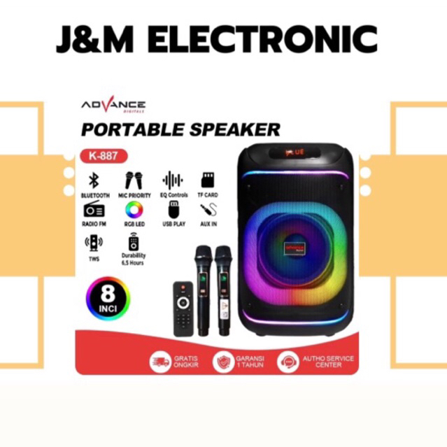 advance speaker portable Bluetooth 8 inch K-887 speaker aktif bluetooth full bass speaker mic wirele