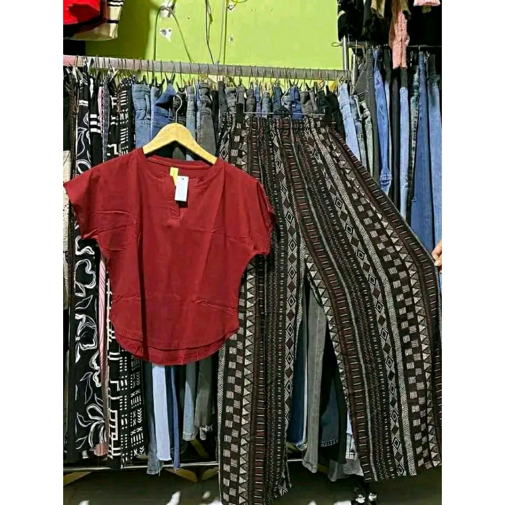Setelan Crop Top Remaja Kulot Rayon Motif