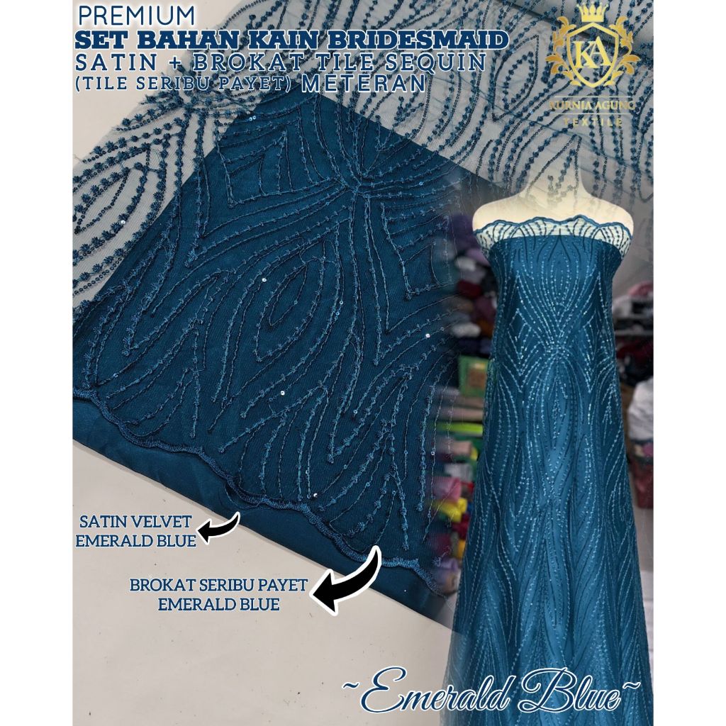 1/2meter Kain Tille Spankle / Tile Payet Spangel / Tile Seribu Payet Premium Warna EMERALD BLUE Baha