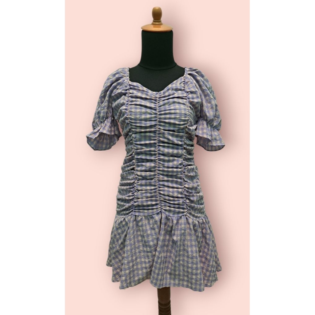 Dress Kerut Kotak-kotak pink ungu