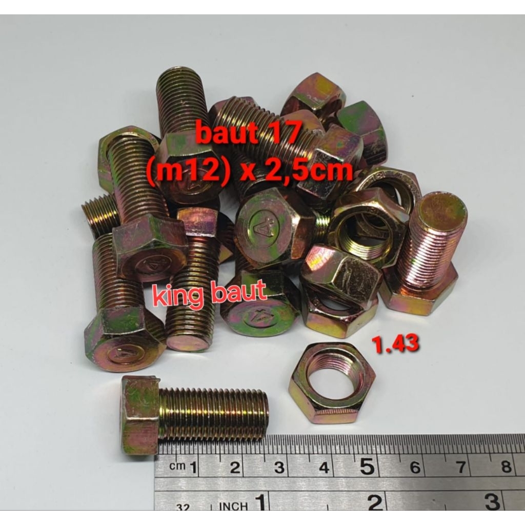 (paket 50 set) baut 17 (12mm) x 2,5cm + mur (kunci 17)