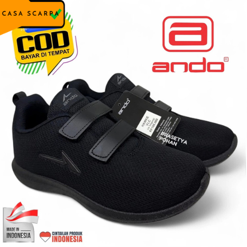 Sepatu Sekolah SD SMP SMA Original ANDO - Sepatu Anak Laki dan Perempuan ANDO HITAM PEREKAT