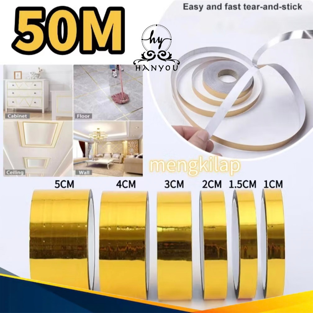 Sticker List Gold Dinding Lantai 50m Anti Air Mewah1cm/2cm/3cm Stiker Pembatas Nat Keramik