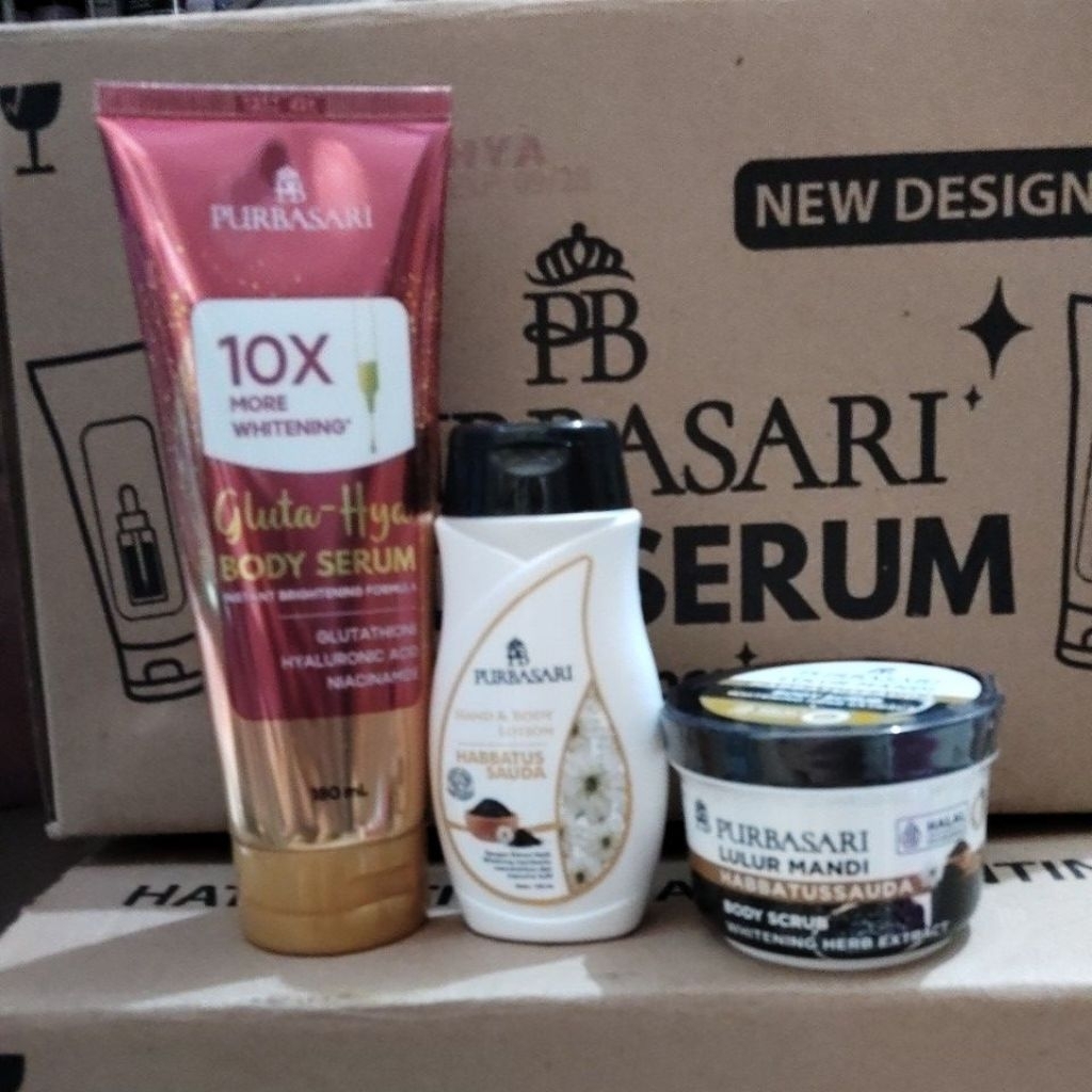 Paket 3 pcs  Purbasari Gluthathione Body Serum 180 ml + Hand Body Lotion 100  ml + Lulur mandi Habba