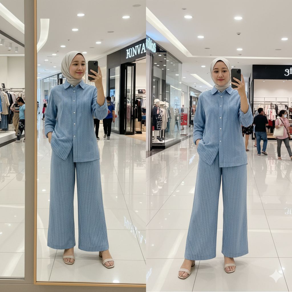 Malika One Set Katun Salur Oversize Wanita Muslimah