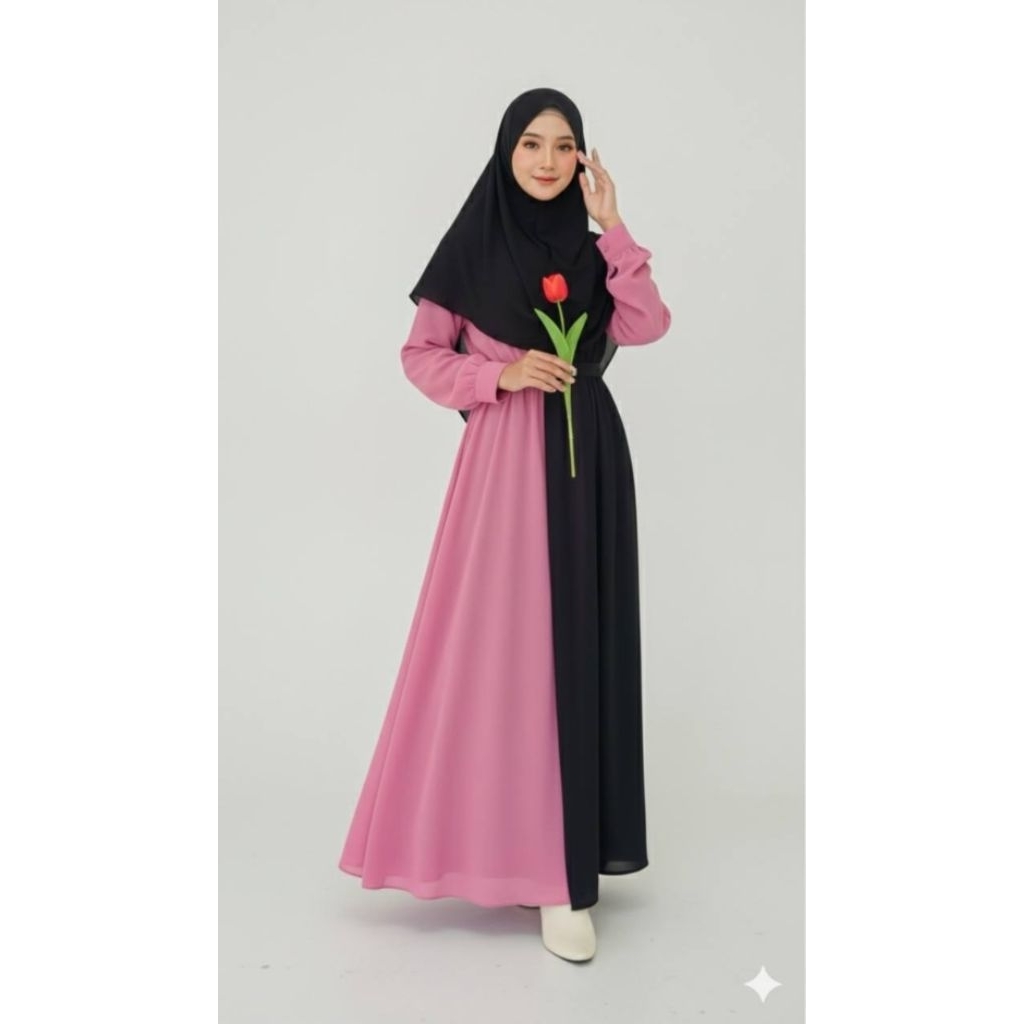 Izzurie dress gamis remaja dewasa polos kombinasi dua warna gamis elegan classy