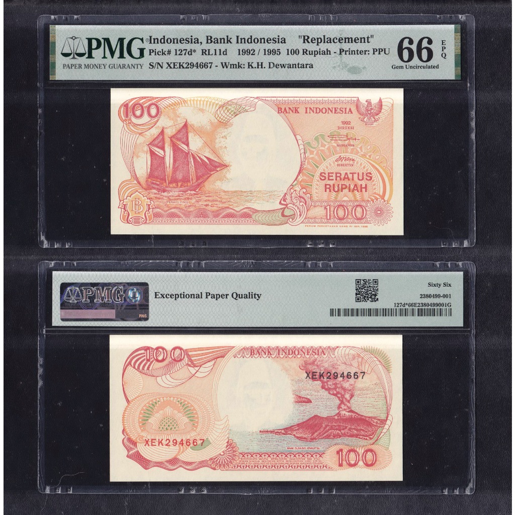 Uang kuno PMG 66 EPQ - 100 rupiah tahun 1992 Perahu Pinisi #Replacement