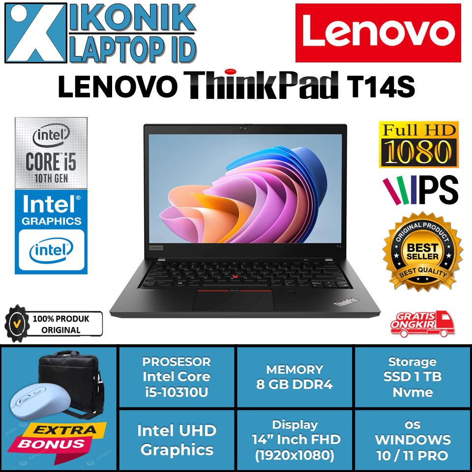 Laptop Lenovo Tipis & RIngan Lenovo Thinkpad T14s Intel Core i5 Gen 10 Ram 8 GB Ssd 1 TB Black