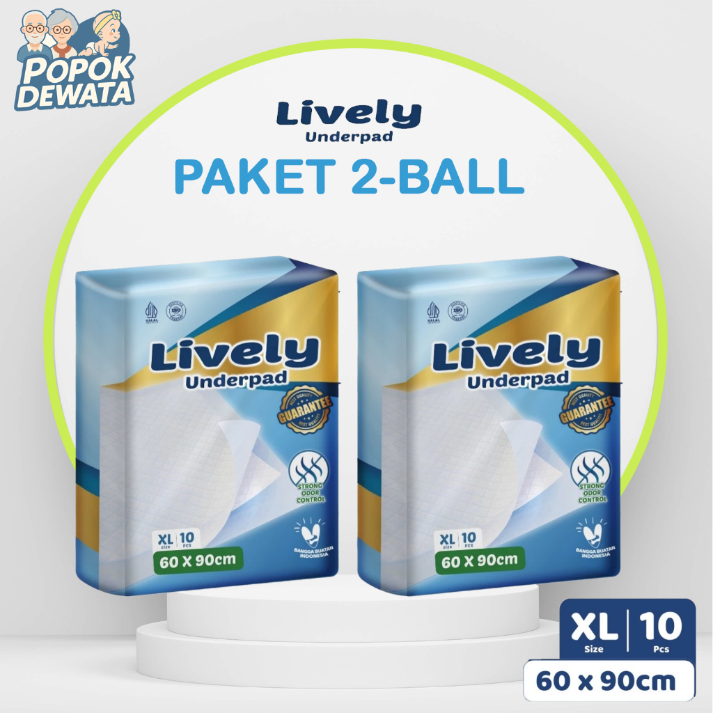 [2 Ball] Lively Underpad XL 60x90cm Perlak Sekali Pakai Serbaguna Odor Control Halal ISO Gel SAP