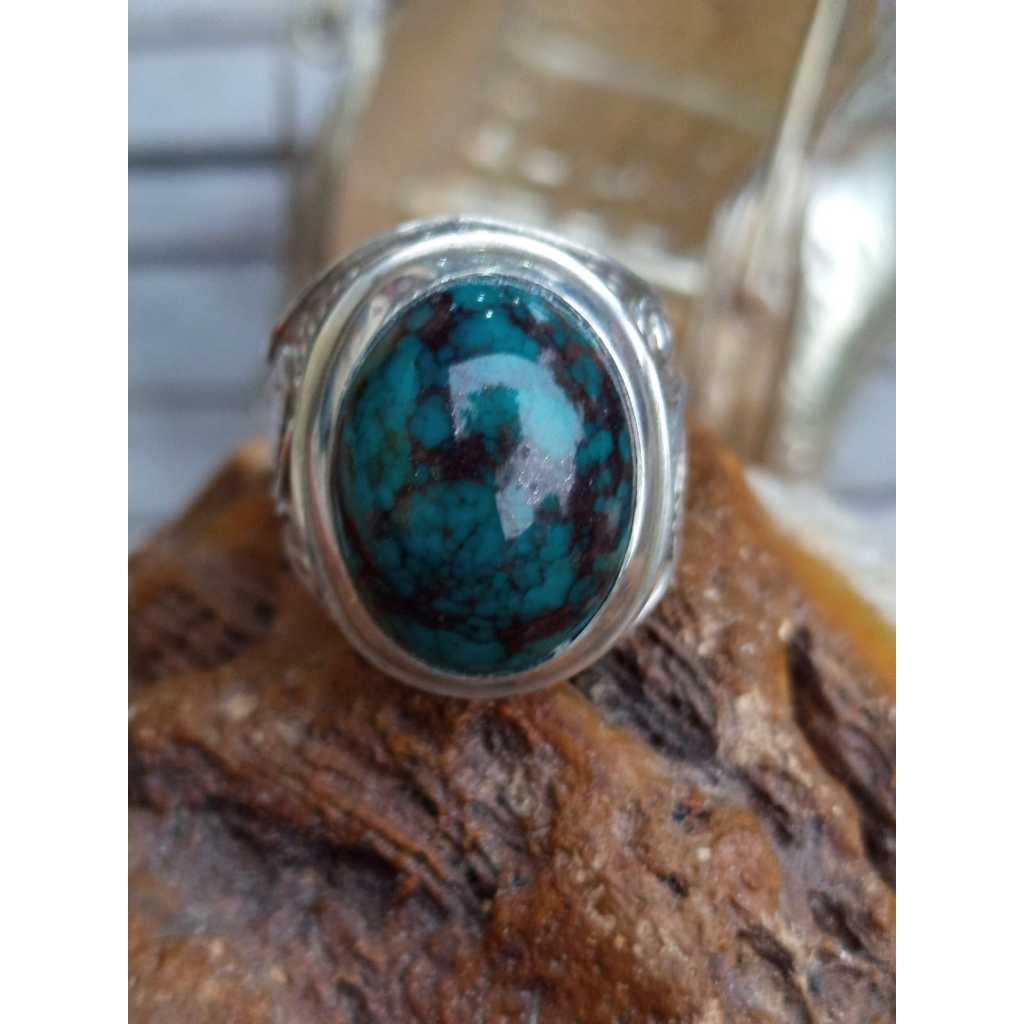 Natural Pirus Mesir Bodyglass Top Urat Ring Perak 925 HM Ukir