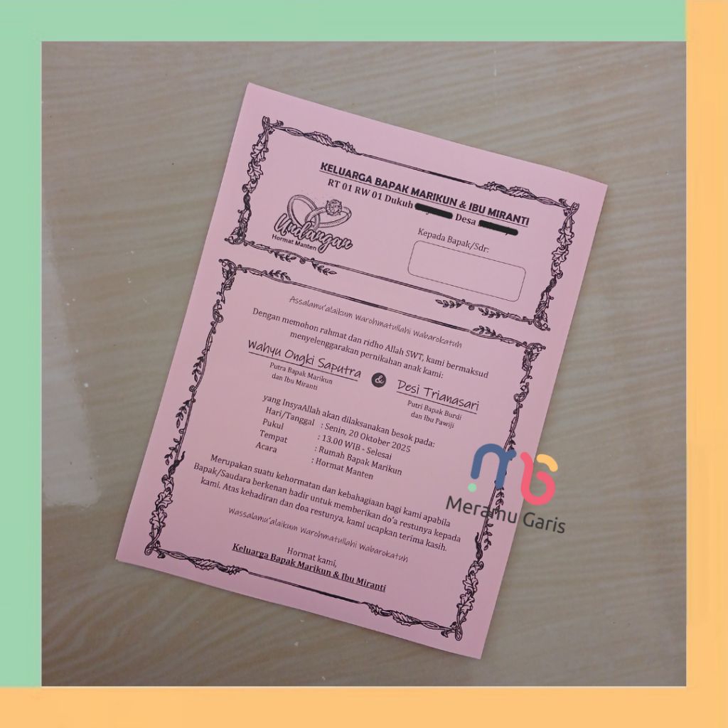 Undangan Nikah Kertas HVS Warna Pink, Kuning, Biru | Undangan Hormat Manten | Undangan Resepsi