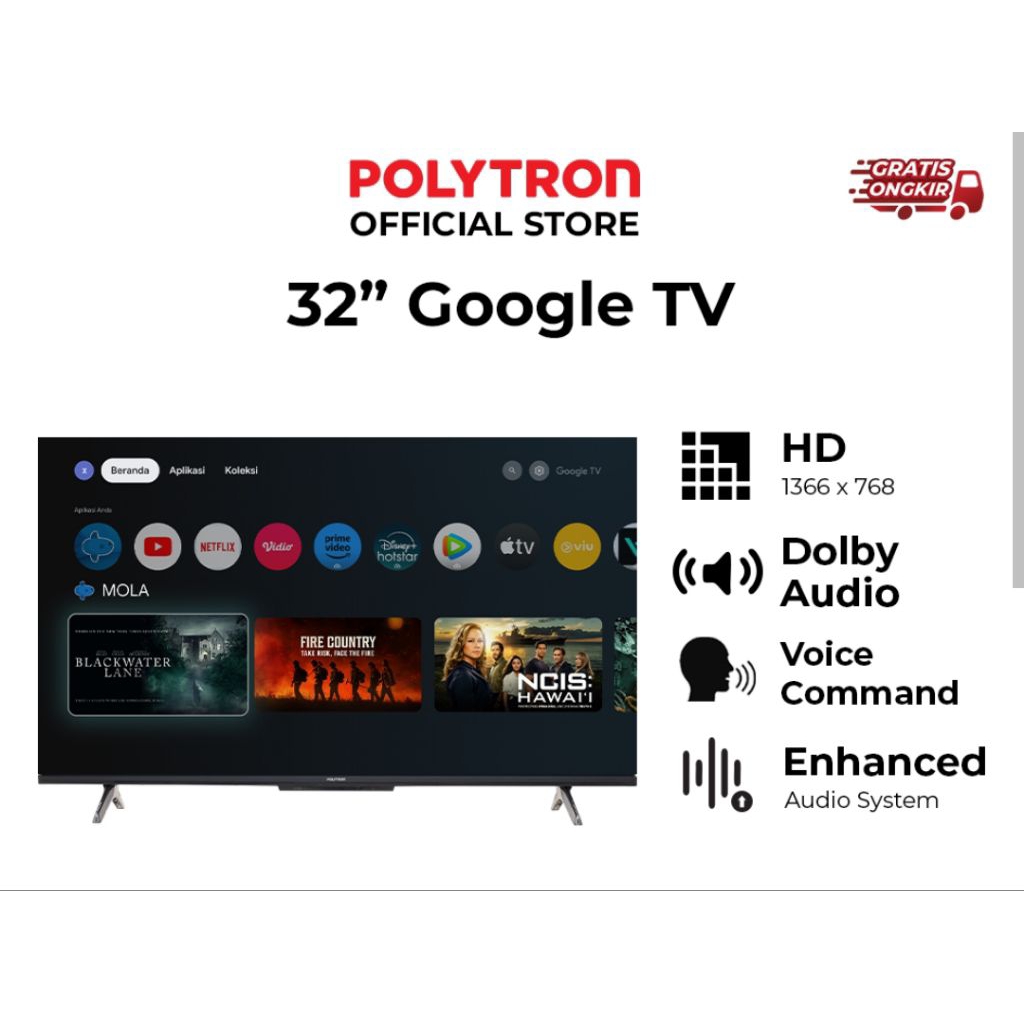 led polytron 32" smart android tv mola tv internet full hd youtube dvb t2 dvb s2 usb movie hdmi 32 a