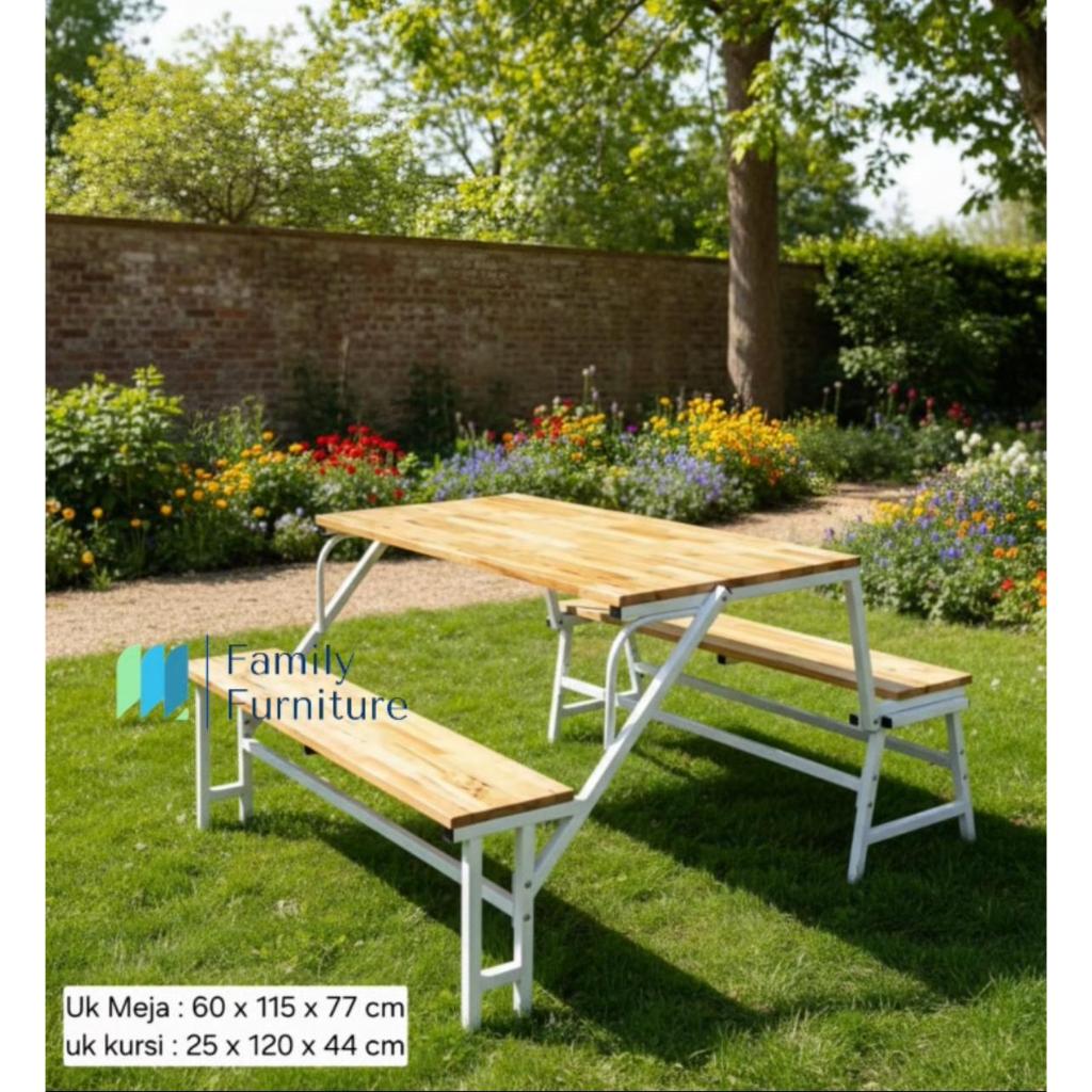 Kursi Meja Lipat Teras Kayu Kaki Besi