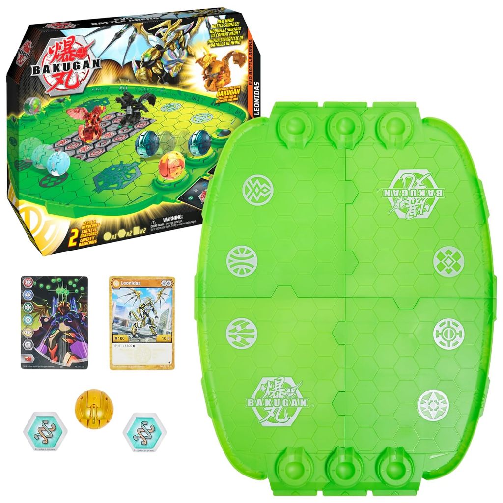 Bakugan Evo Battle Arena - Neon Game Board, Exclusive Leonidas Bakugan, 2 Cards and BakuCores, Ages 