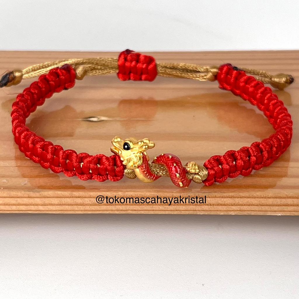 Gelang Tali Emas Charm Naga Lilit Merah / Red Dragon Full Badan 24k HK Hongkong 999%- Gold bracelet