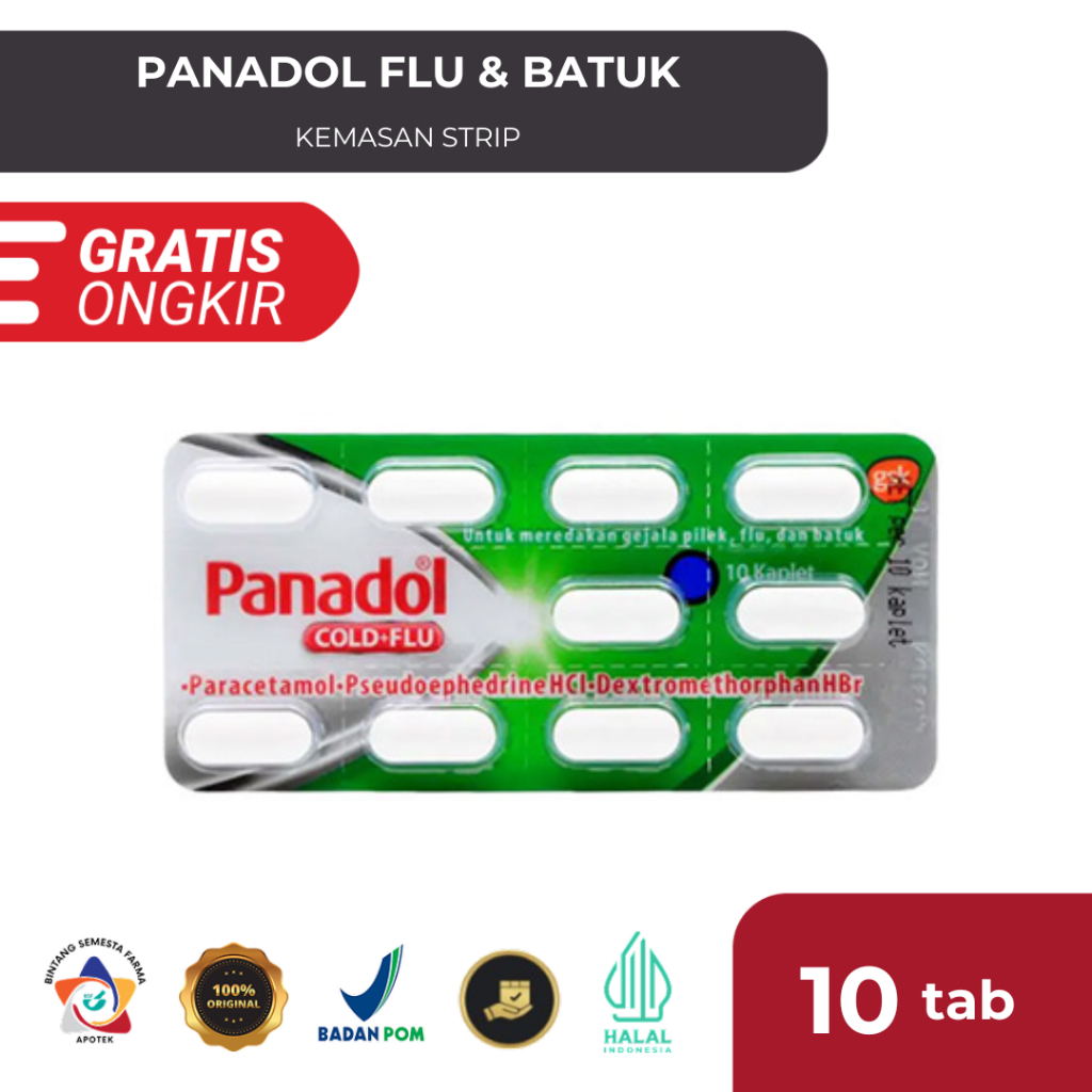 Panadol Hijau Flu & Batuk 10 Tablet per STRIP Obat Flu + Batuk Kering (Cold & Flu)