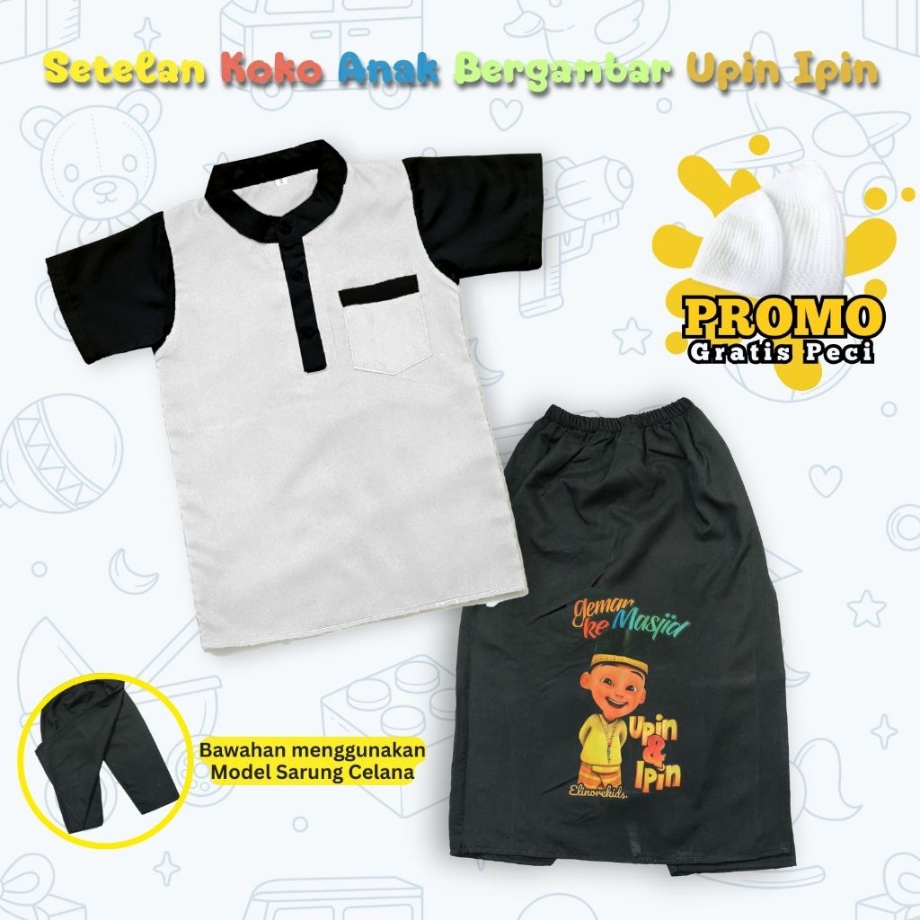Setelan Koko Anak Bergambar Sarung Celana Baju Koko Anak Balita Karakter Upin-Ipin Usia 2-10 Tahun