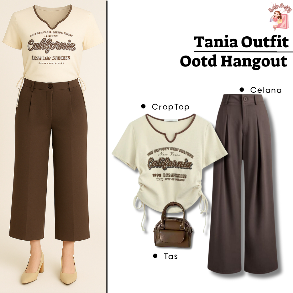 One Set 3in1 Tania Outfit (Crop Top, Celana Jennie, BERLYN Tas) Ootd Jalan Santai Cewek Kekinian AO4