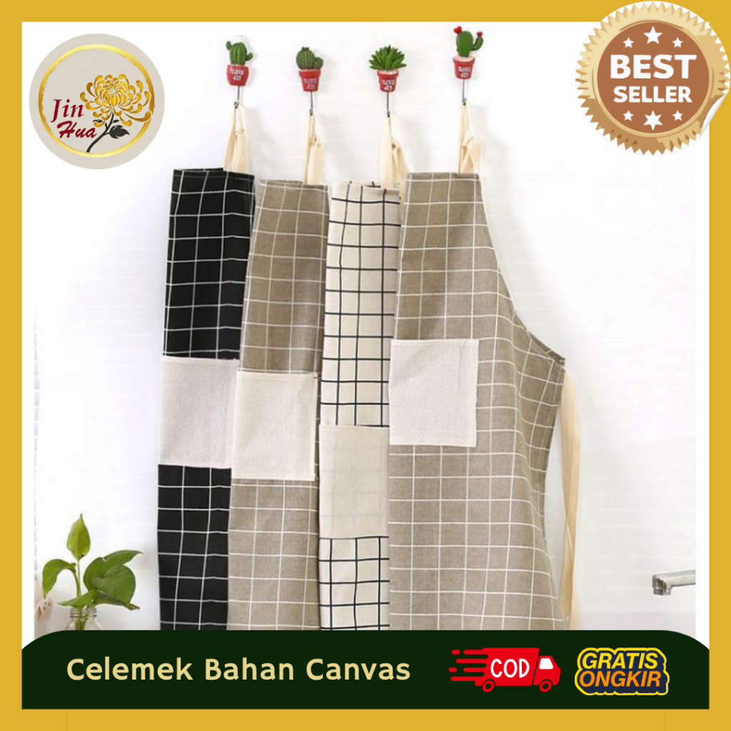 JH Celemek Masak Bahan Katun / Apron Kain Motif Korea / Apron Masak Kain Katun Motif / Celemek Kain