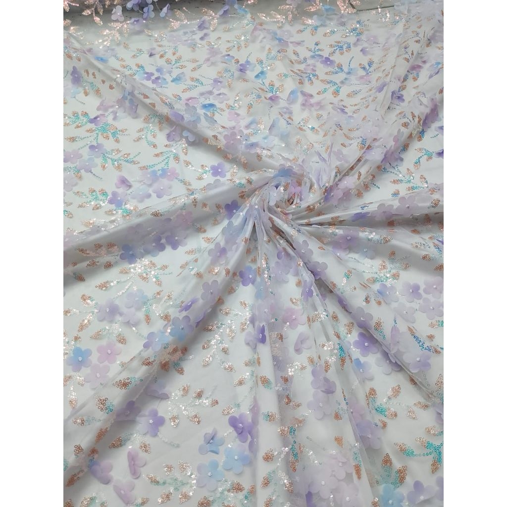 BAHAN/KAIN TILE BORDIR BUNGA TIMBUL/3D GRADASI MIX SPANGGEL