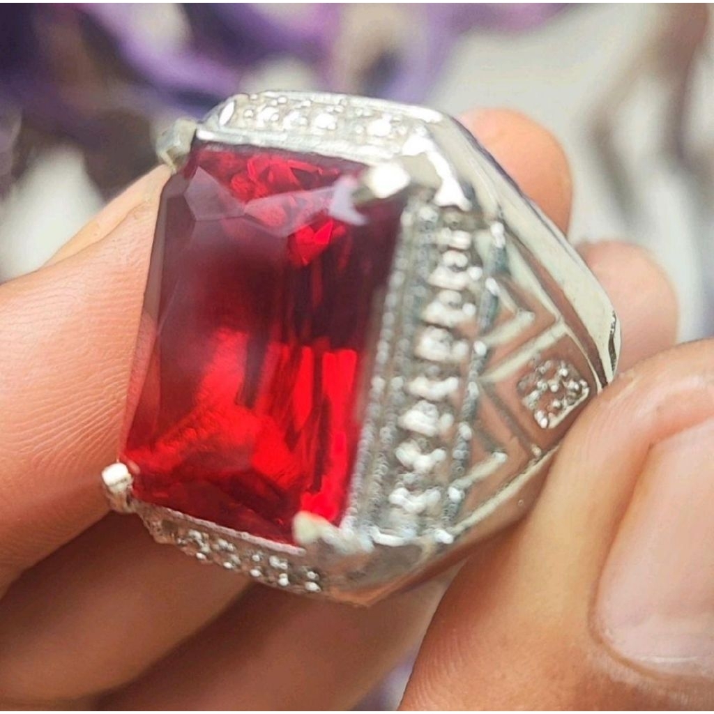 cincin batu akik merah siam kotak ring alpaka