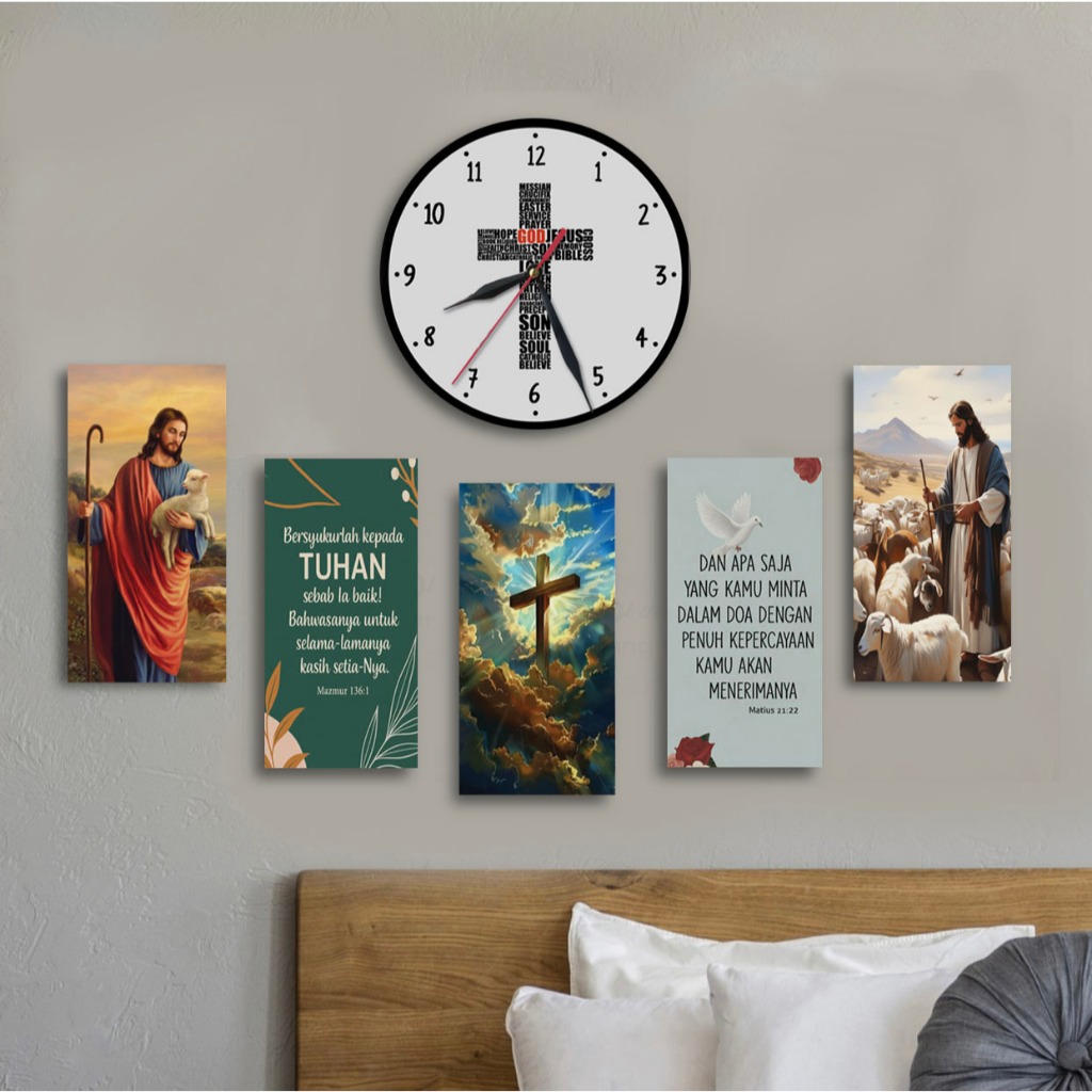 SET 6pcs Jam Dinding Kayu Salib / Walldecor Hiasan Dinding Kristen Yesus Ayat Alkitab