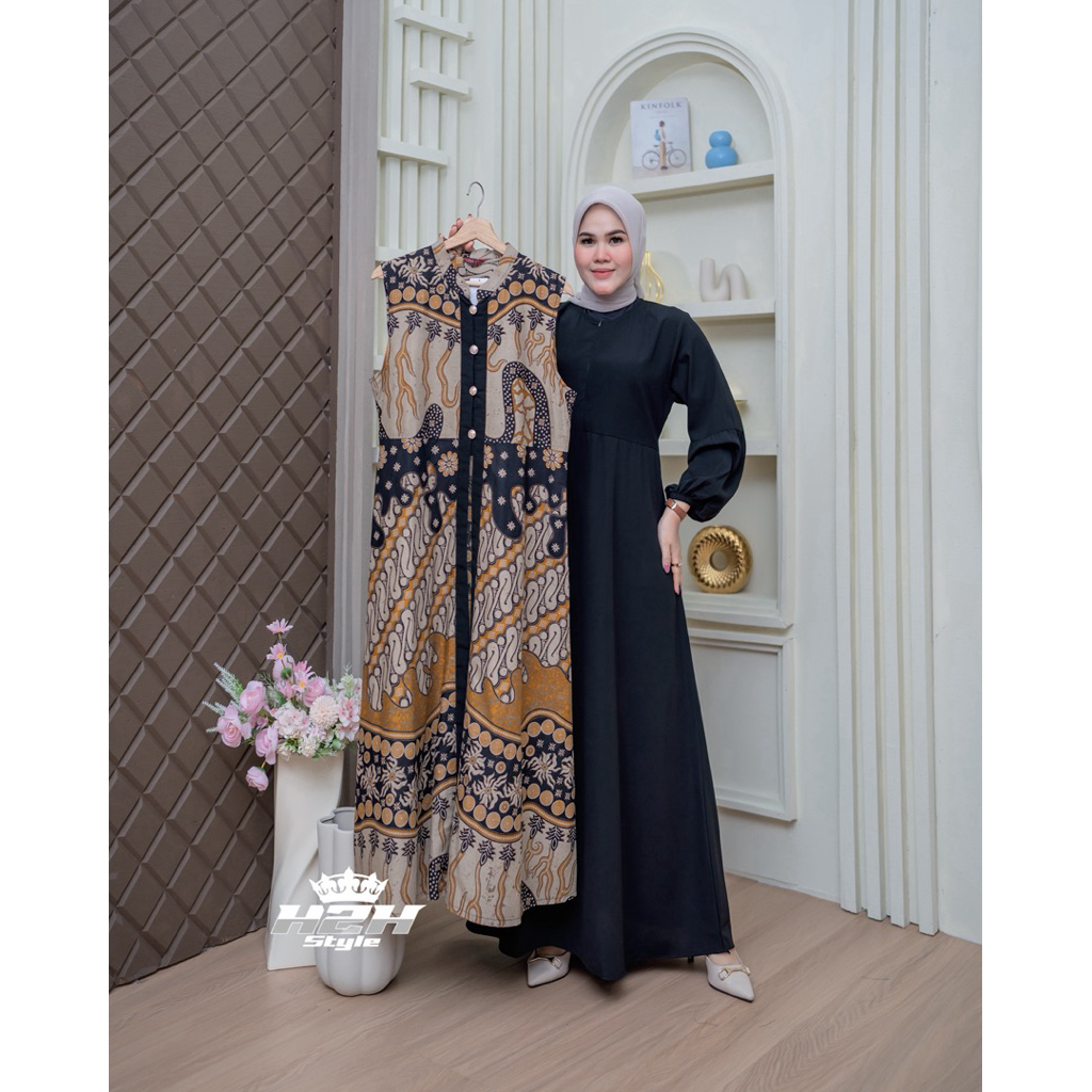 Gamis Batik Pesta 2 in 1 Mewah Kombinasi Jack Black Dress Kondangan Gamis Seragaman Terlaris Muslim 