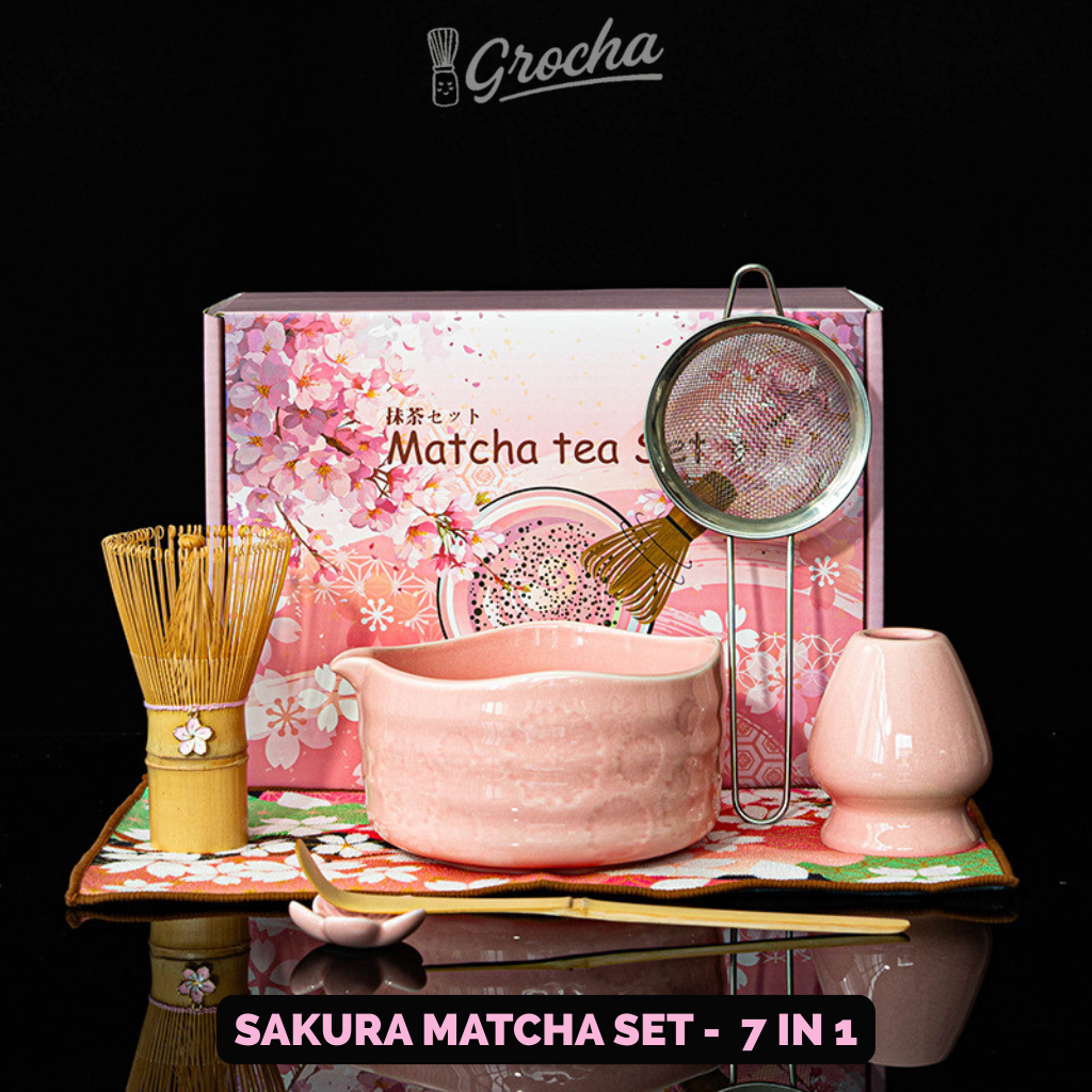 Matcha Tea Set Jepang - Bunga Sakura Embossed 2 Warna