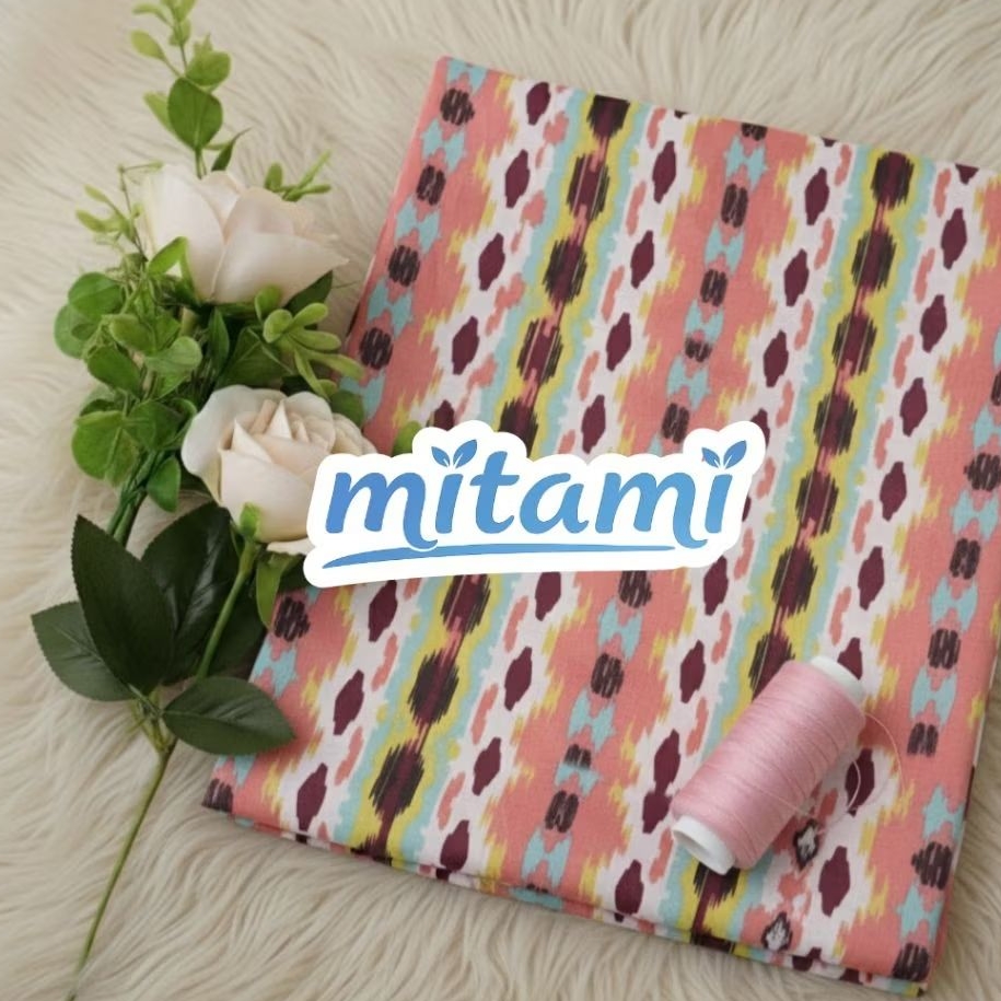 ​Kain Sifon Motif Ikat Bohemian Peach Kuning Merah untuk Dress Blouse (Harga Kain Per½ Meter)