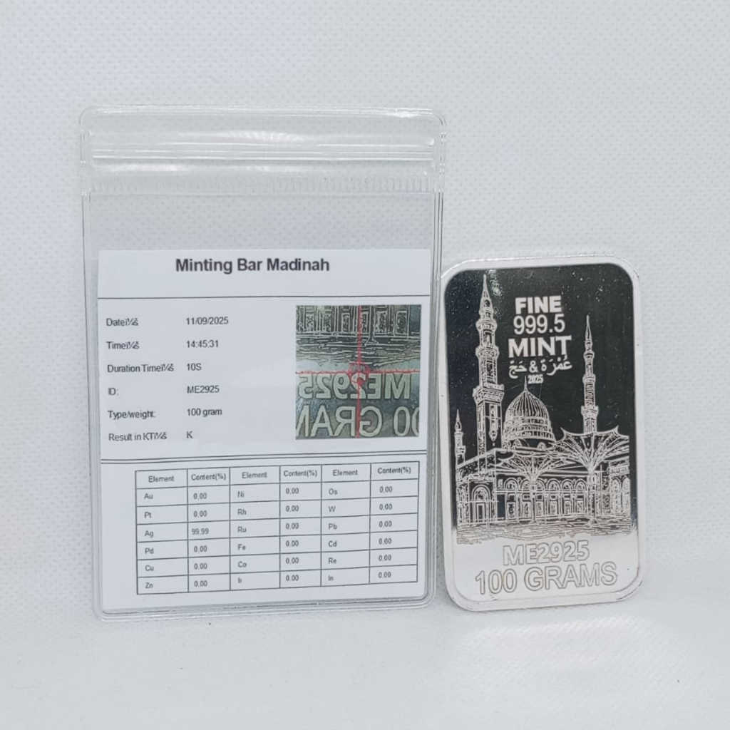 "Silver Bar 100 Gram 999.5 Fine Mint Madinah ME2925 Sertifikat Asli Logam Mulia Perak Murni 99.9% In