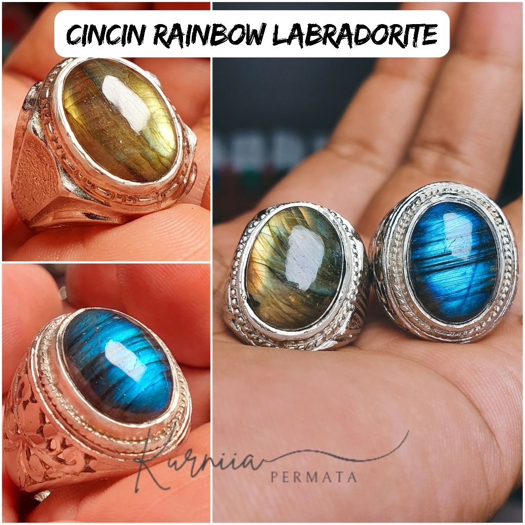 Cincin Batu Rainbow Labradorite Kanada / Labrador Pelangi Asli Natural Rings Akik Alpaka Super Mewah