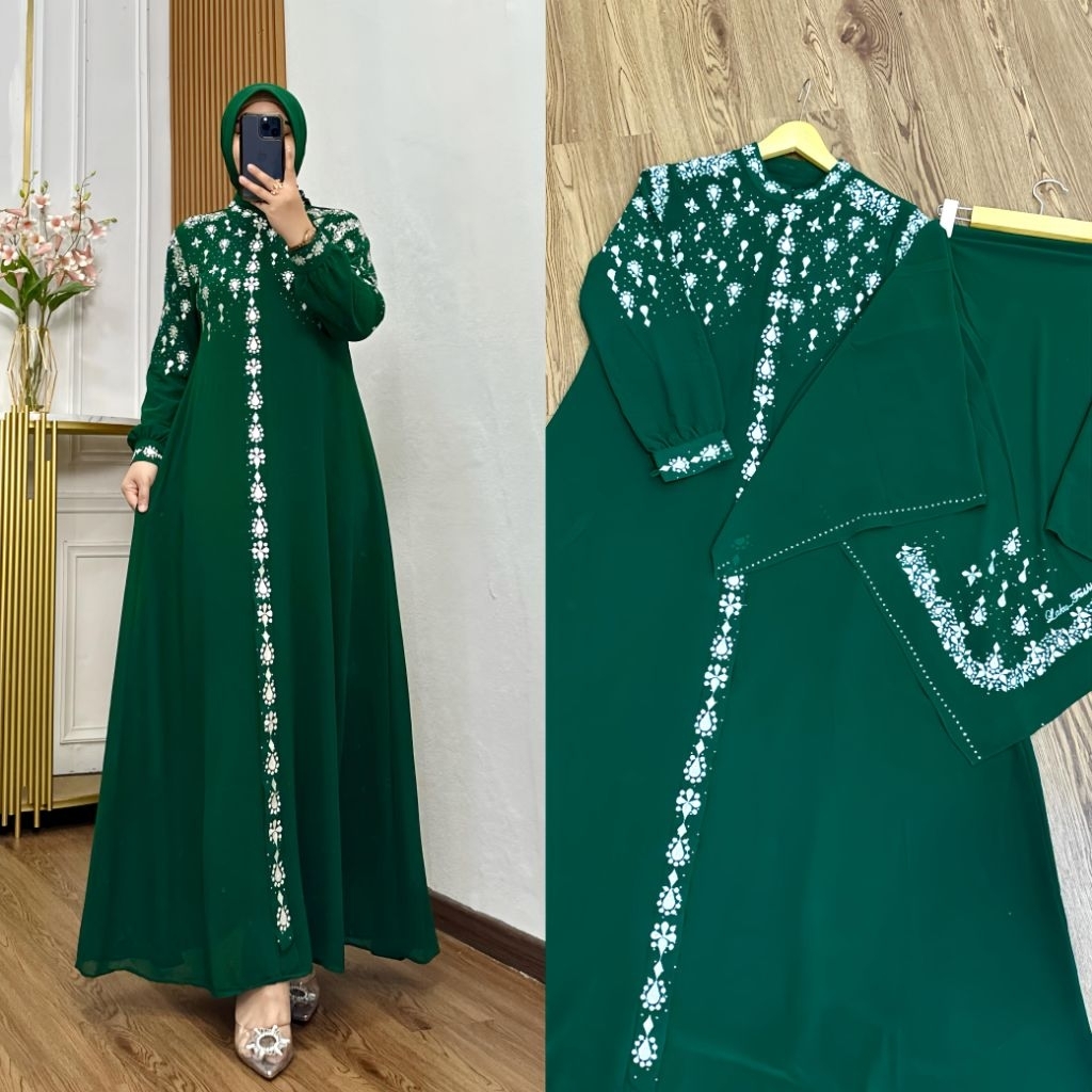 Zifa Fashion || Erina Dress Set Hijab Segi 4 || Gamis Cruty Bordir Free Hijab Kekinian || Abaya Bord