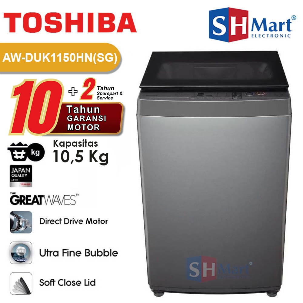 Toshiba Mesin Cuci 1 Tabung Top Loading 10,5kg AW-DUK1150HN(SG) With Ultra Fine Bubble (MEDAN)