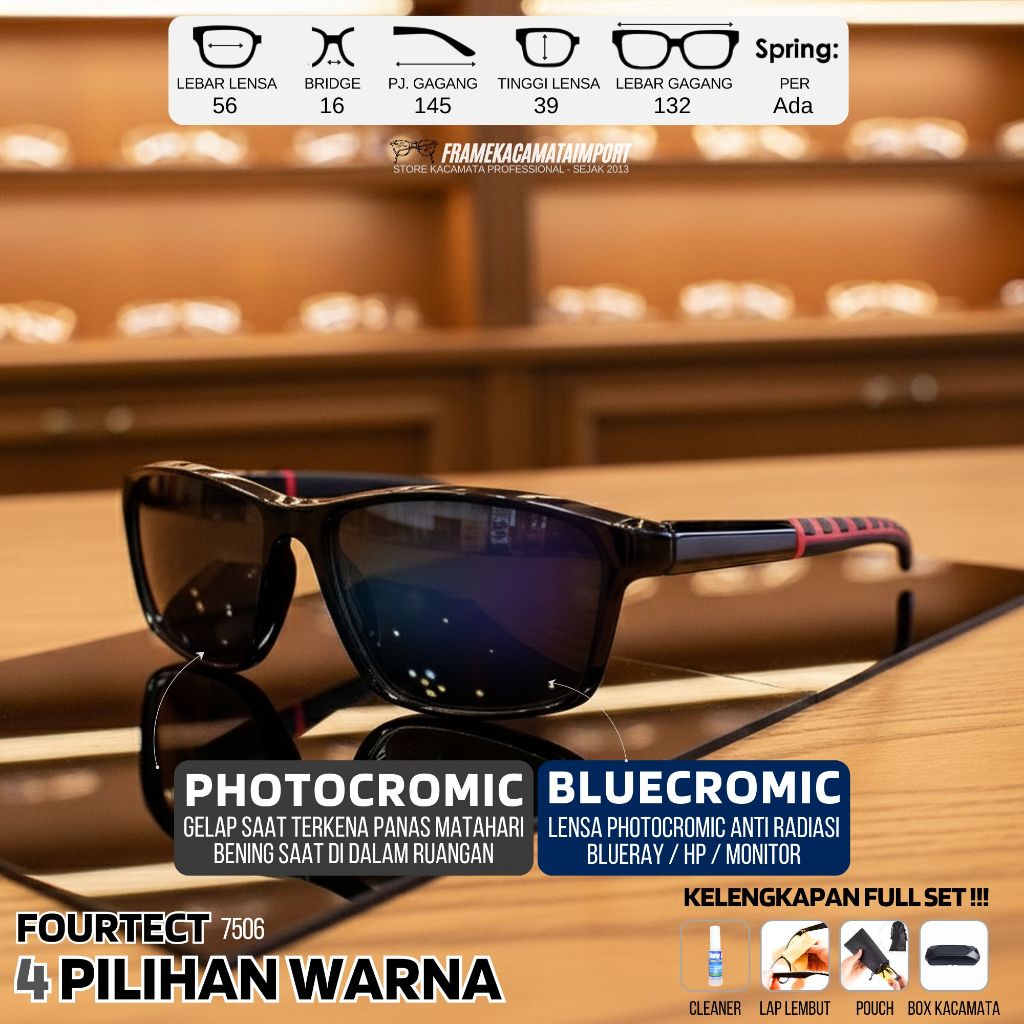 PAKET KACAMATA PHOTOCROMIC BLUECROMIC -0.25 s/d -6.00 Silinder 2 Pria Sporty Plastik Full Frame