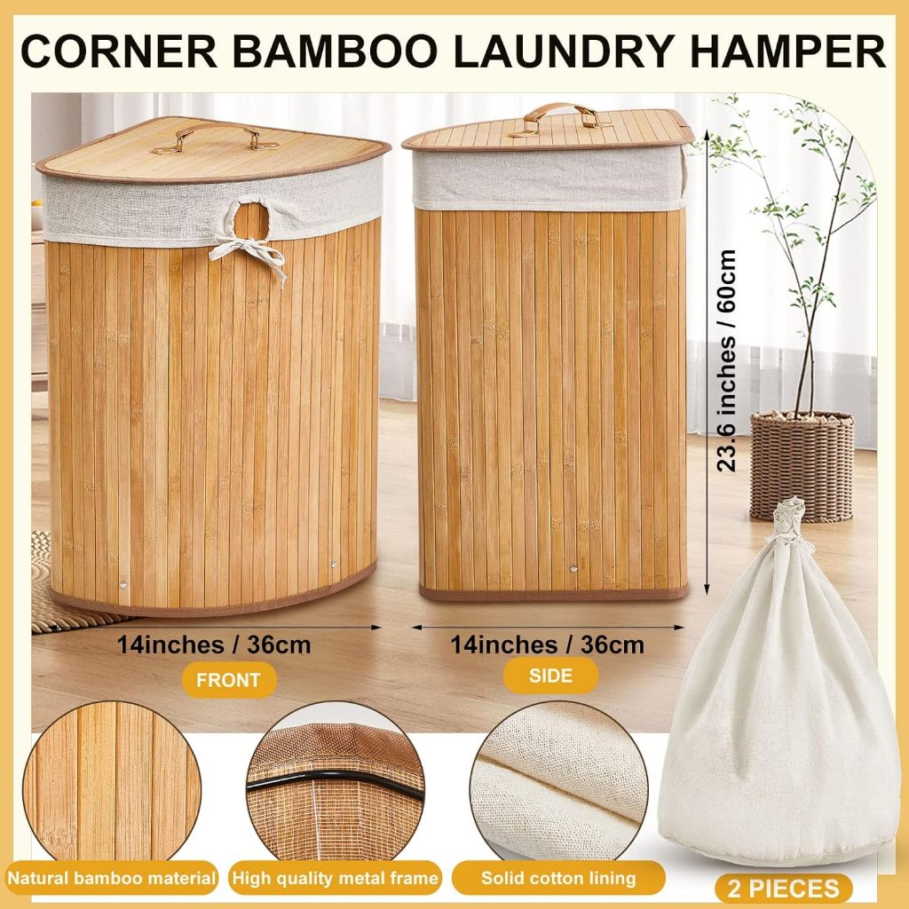 [58L]Keranjang Cucian Bambu Sudut Keranjang Baju Kotor Laundry Rotan Kotor Bag Basket Dengan Tutup