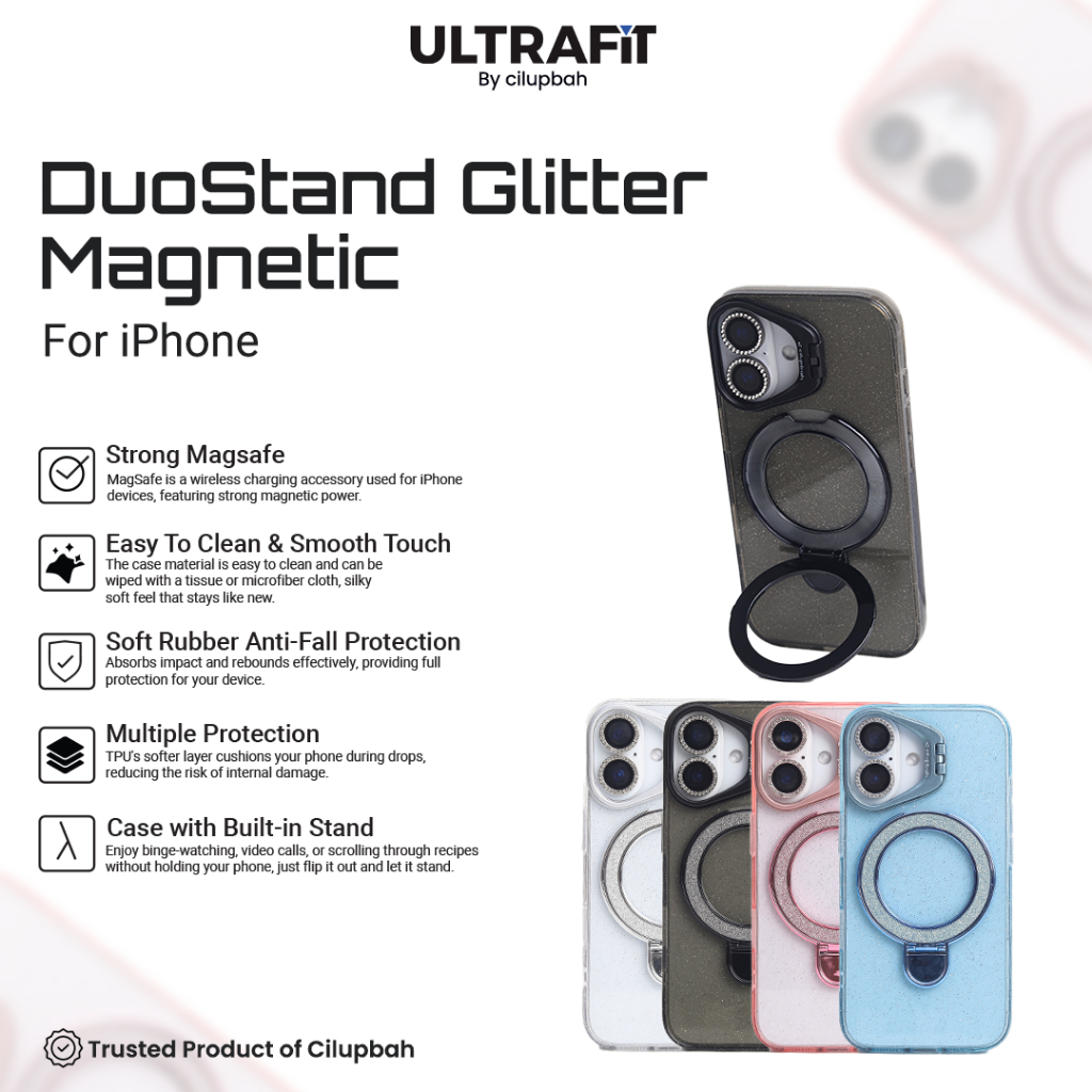CILUPBAH Duostand Glitter Magnetic Case + Lens Guard for iPhone 11 12 13 14 15 16 Plus Pro Max