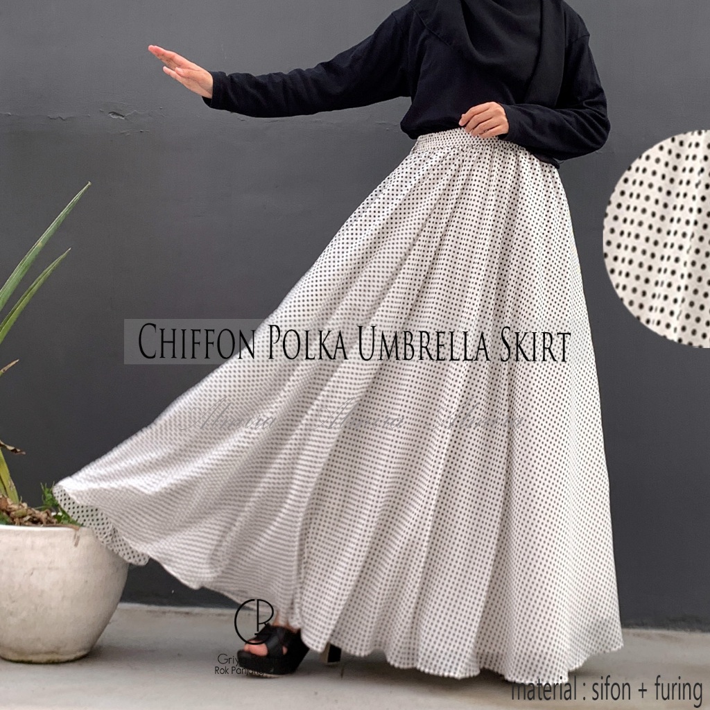 Rok Polkadot Panjang Payung Mayung Lebar Sifon Chiffon Polka Umbrella Skirt Motif Bintik almira