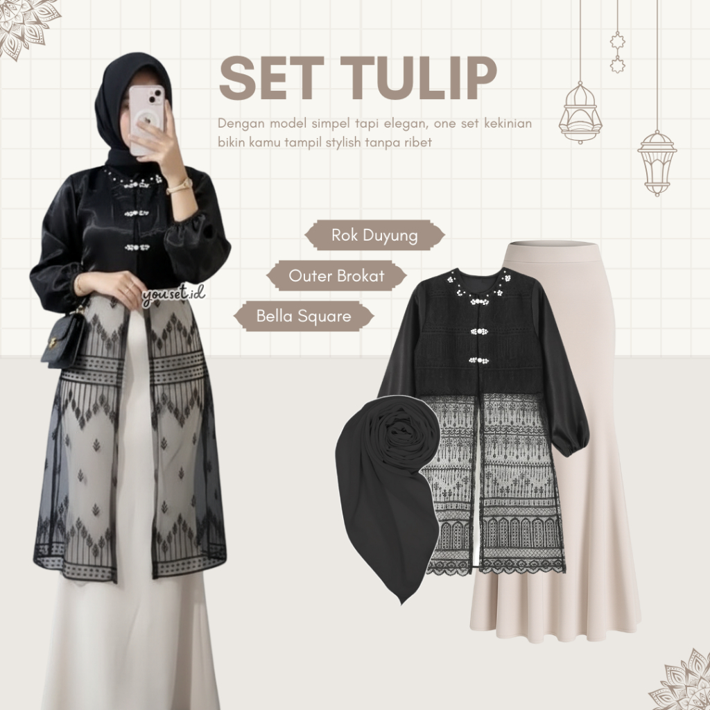 Setelan Wanita Kekinian | Outer Brokat + Rok Duyung + Bella Square | Outfit Lebaran 3in1 | LB154