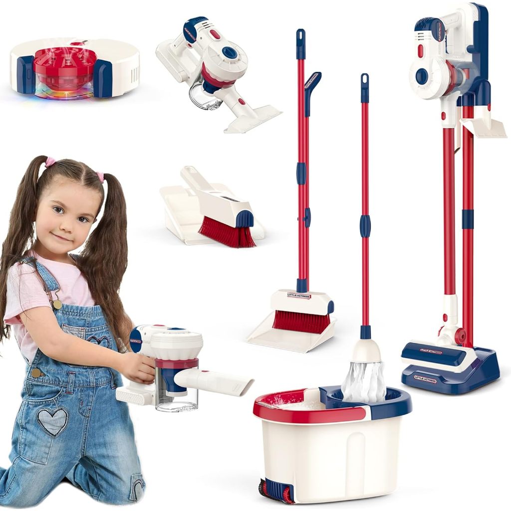 Fistone Kids Cleaning Toy Set for Toddlers, 12 Pcs Vacuum Cleaner, Sweeper, Bucket, Mop, Pretend Hom