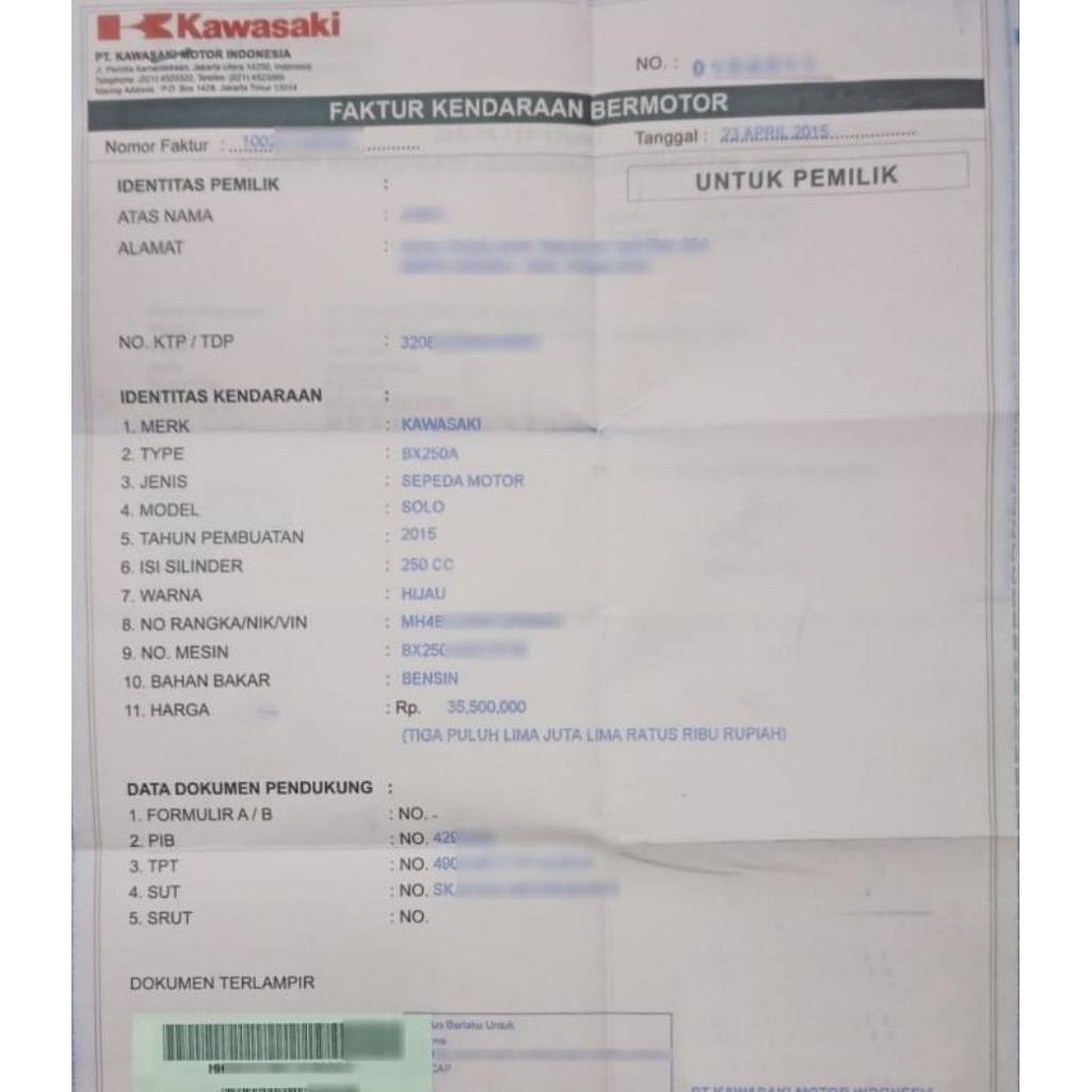 faktur kendaraan motor dan mobil