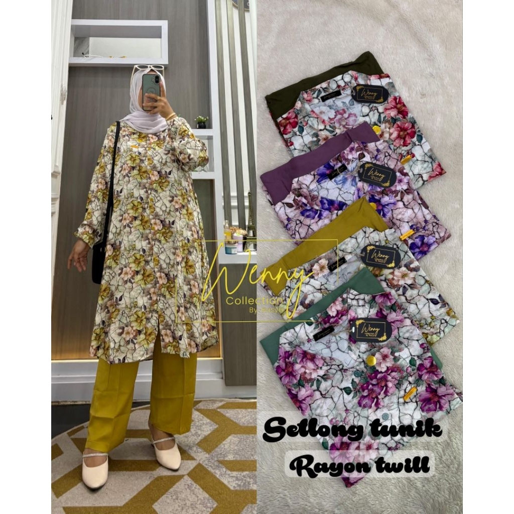 SETELAN LONG TUNIK RAYON TWILL ARMANY MOTIF BUNGA
