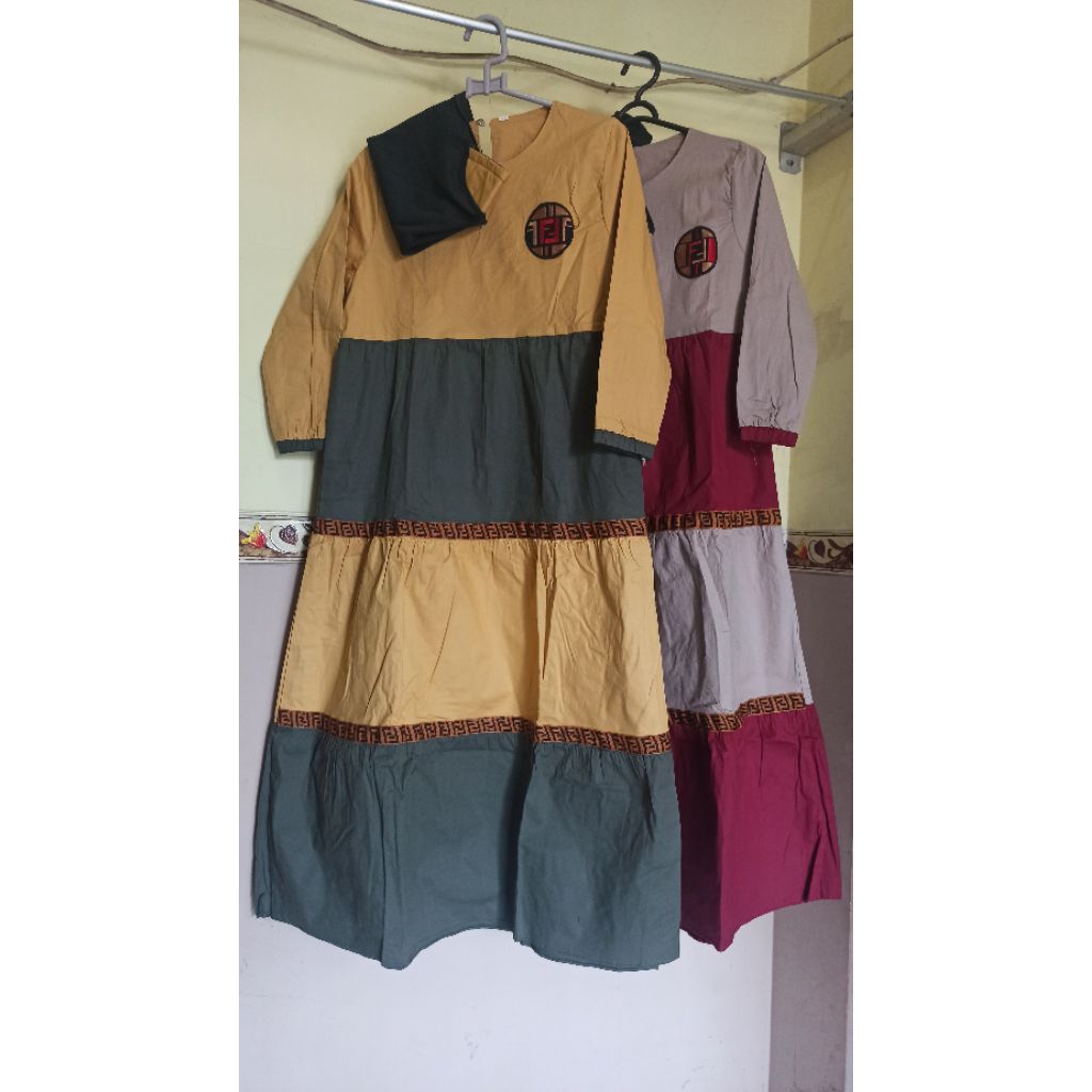Set gamis anak model susun rempel katun stretch