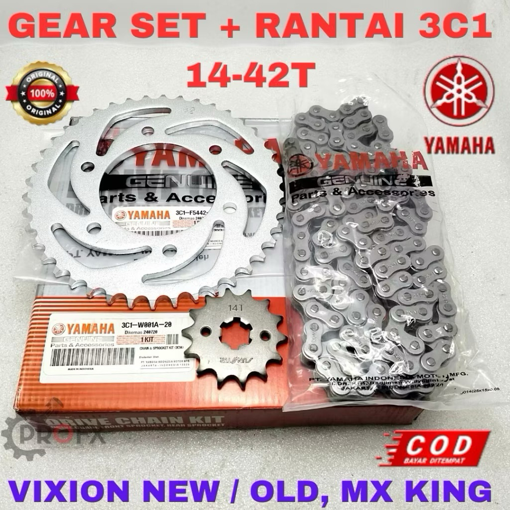 GEAR SET + RANTAI YAMAHA 3C1  VIXION OLD/LAMA MX OLD ORI YAMAHA YGP