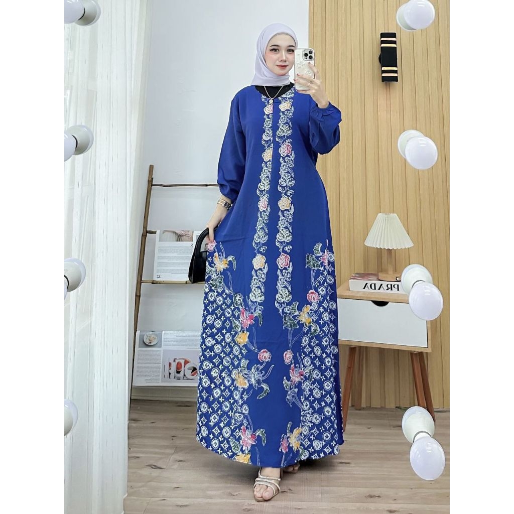 Gamis Batik Encim Adem Nyaman Panjang Muslimah-Biru cagak